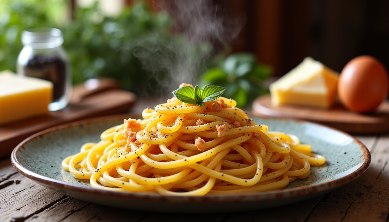 Disposition des ingrédients authentiques pour une carbonara: œufs, guanciale, pecorino, parmesan, poivre noir