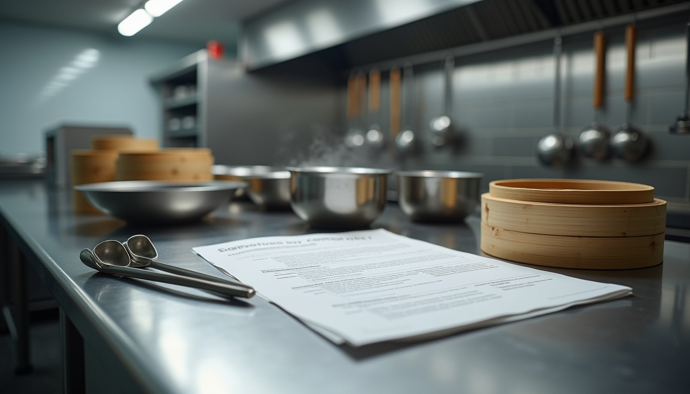 Document de plan de maîtrise sanitaire posé sur une table de cuisine de restaurant asiatique