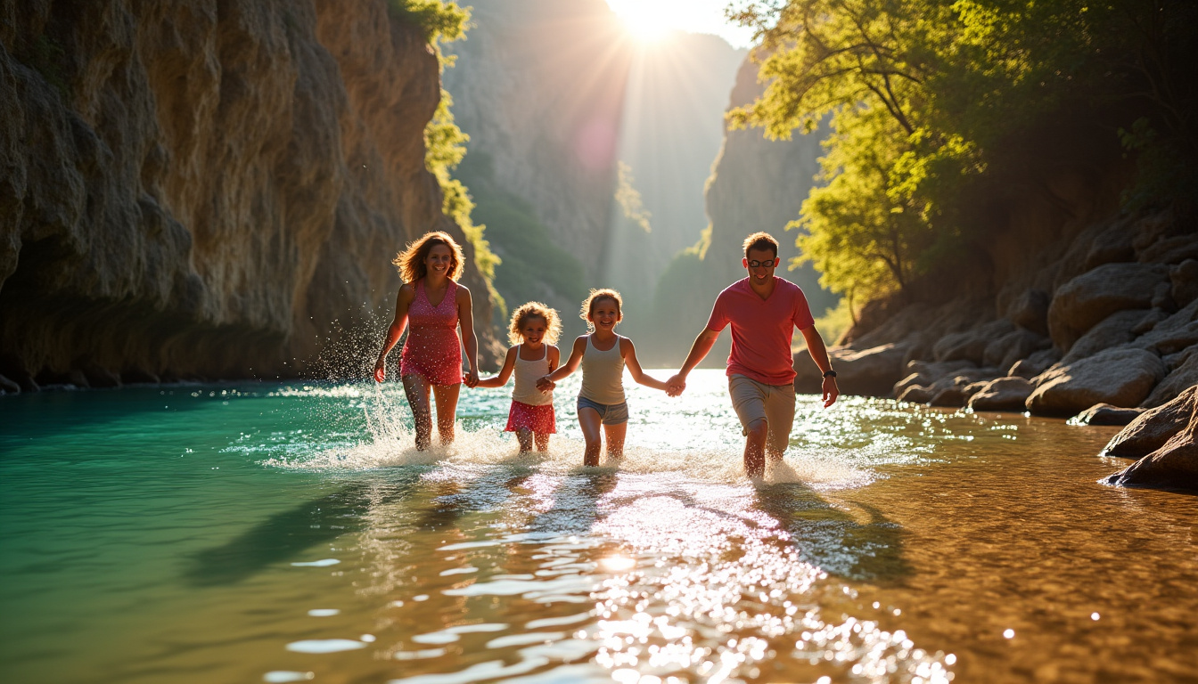 Famille en train de marcher dans une rivière peu profonde, entourée de falaises, avec des enfants jouant dans l