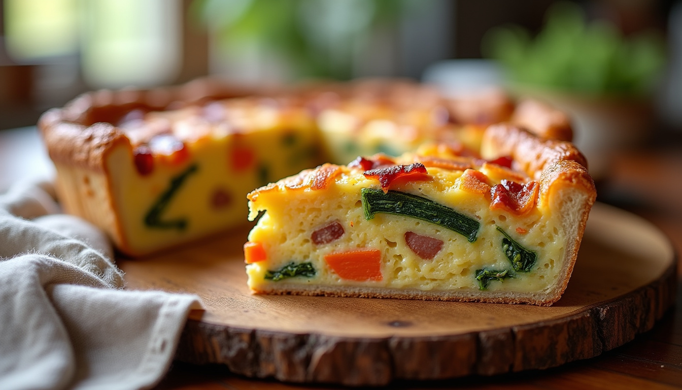 Flan salé aux légumes et lardons en moule à cake, découpé en tranches, avec carottes, courgettes et lardons visibles