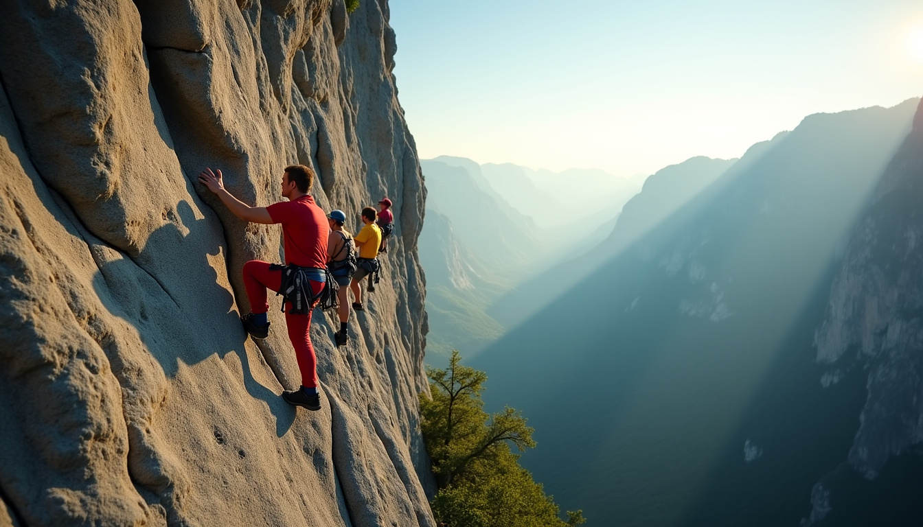 Grimpeurs en action sur une falaise calcaire, avec une vallée en arrière-plan et un ciel bleu
