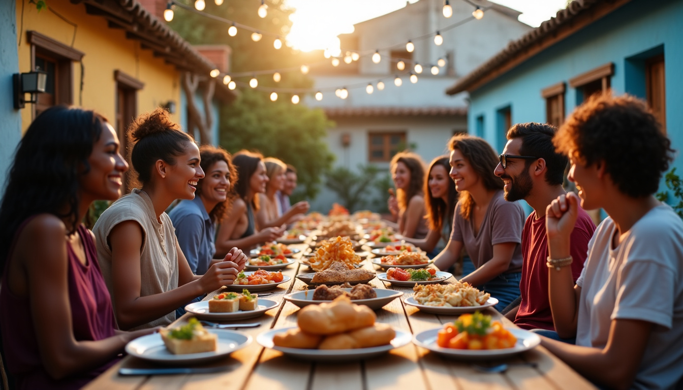 Groupe de personnes partageant un repas dans un espace communautaire d’un quartier
