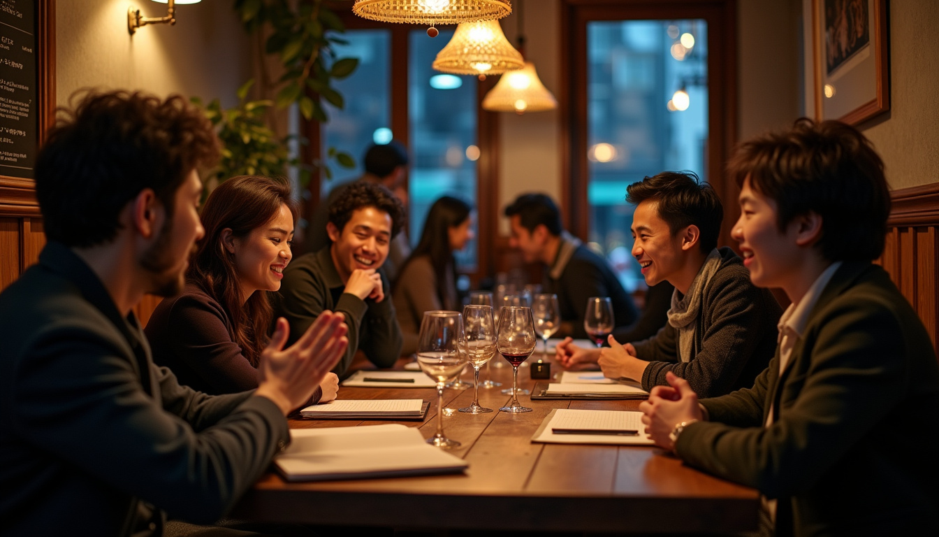 Groupe multilingue en pleine discussion animée lors d’une soirée linguistique au Bonjour Tokyo Bar