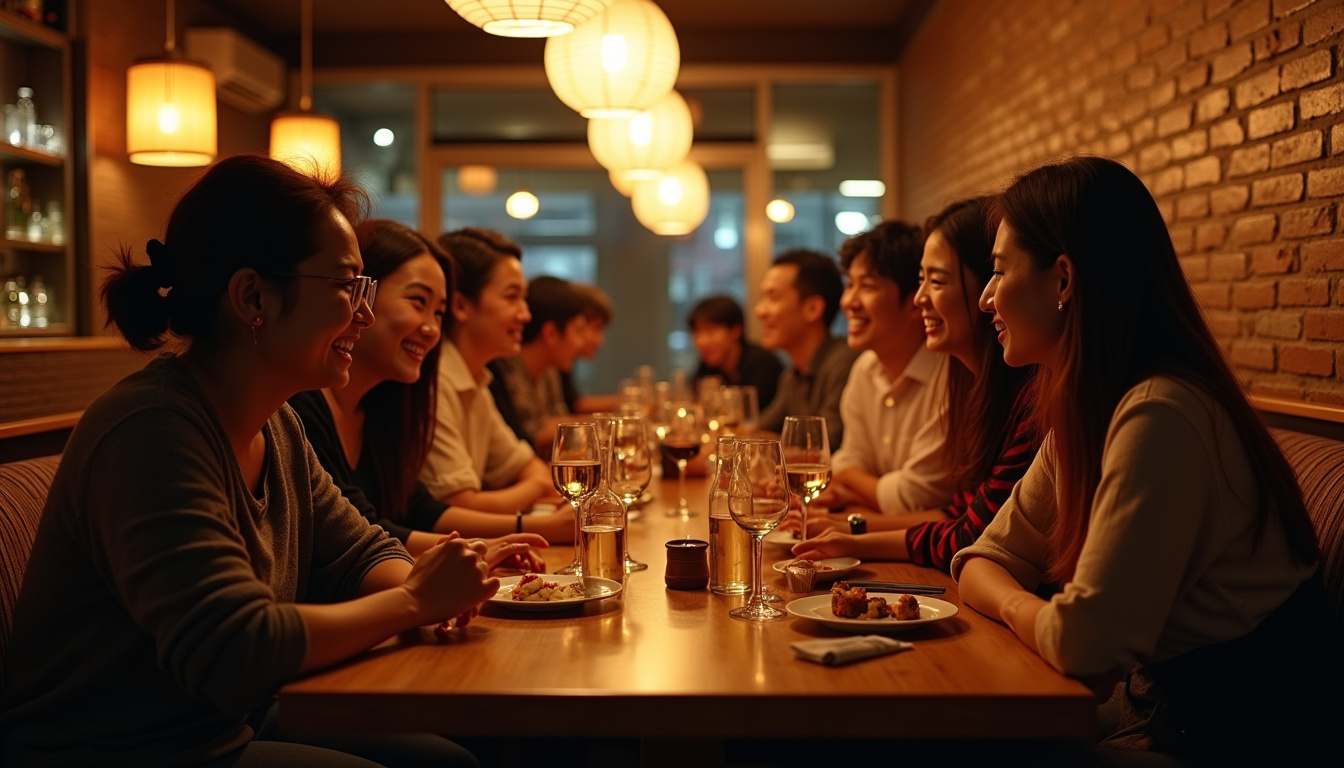 Intérieur du Bonjour Tokyo Bar avec groupe d’invités bilingues discutant autour d’une table basse, ambiance chaleureuse le soir