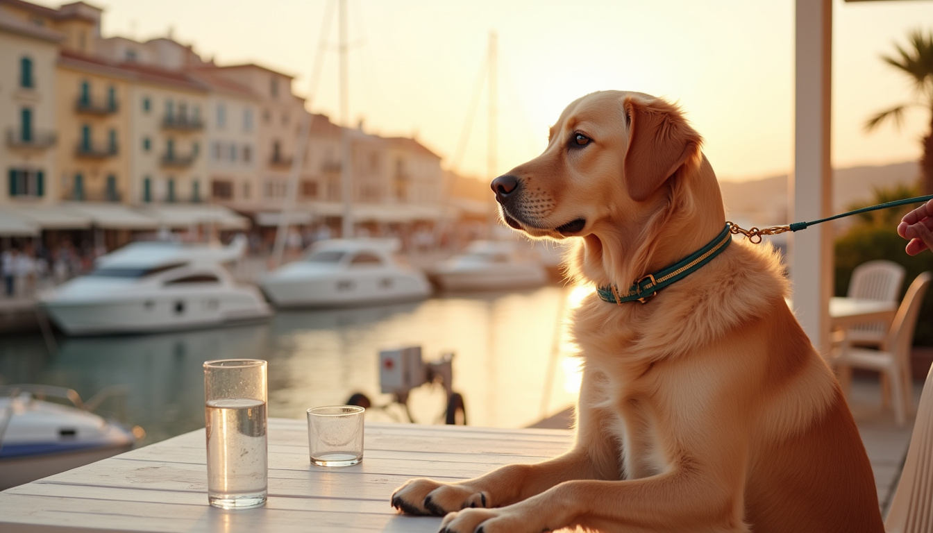 Le restaurant Le Marsico avec terrasse face au port de Hyères, un chien en laisse attend près d