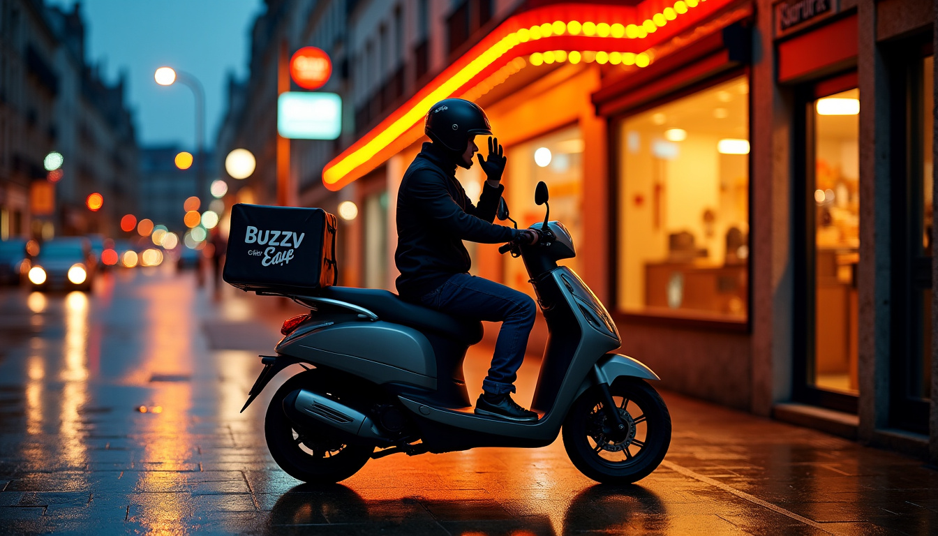 Livraison du Buzzy Easy Chicken à Nantes en soirée, avec scooter et sacs de commande