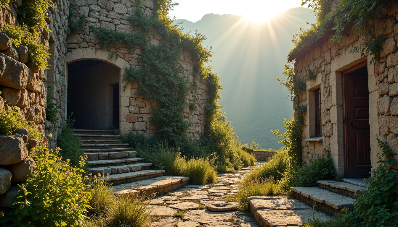 Maisons en ruine du village abandonné d’Otín entourées de végétation sauvage dans les gorges du Mascún