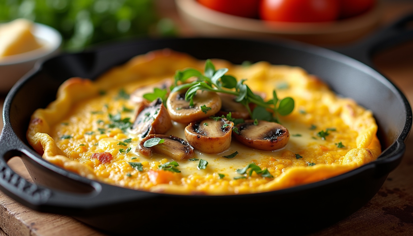 Omelette aux trompettes des morts en train de cuire dans une poêle