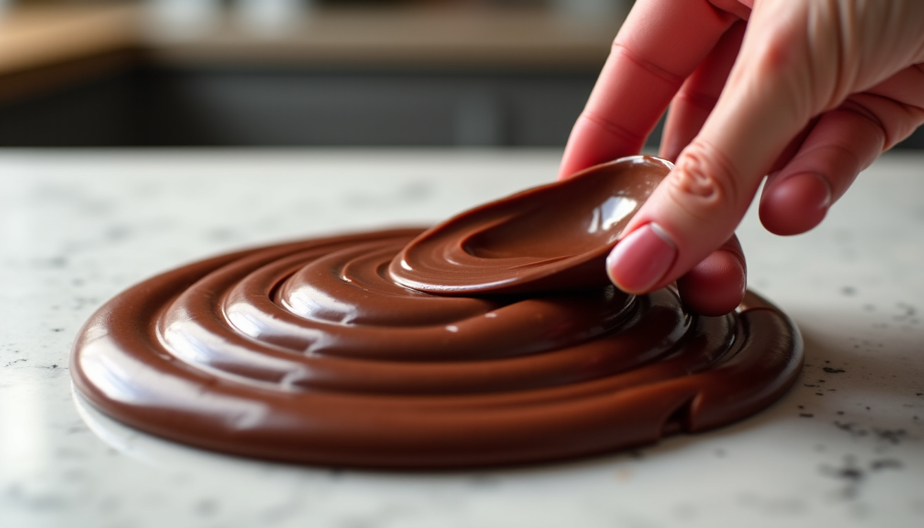 Pâte de chocolat colorée en cours de préparation, montrant l