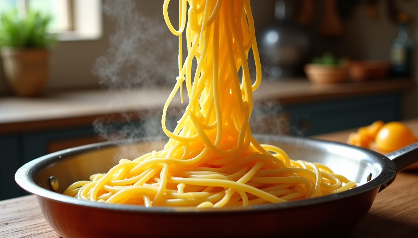 Préparation de la sauce carbonara dans une poêle: mélange des œufs, fromage et eau de cuisson avec les pâtes