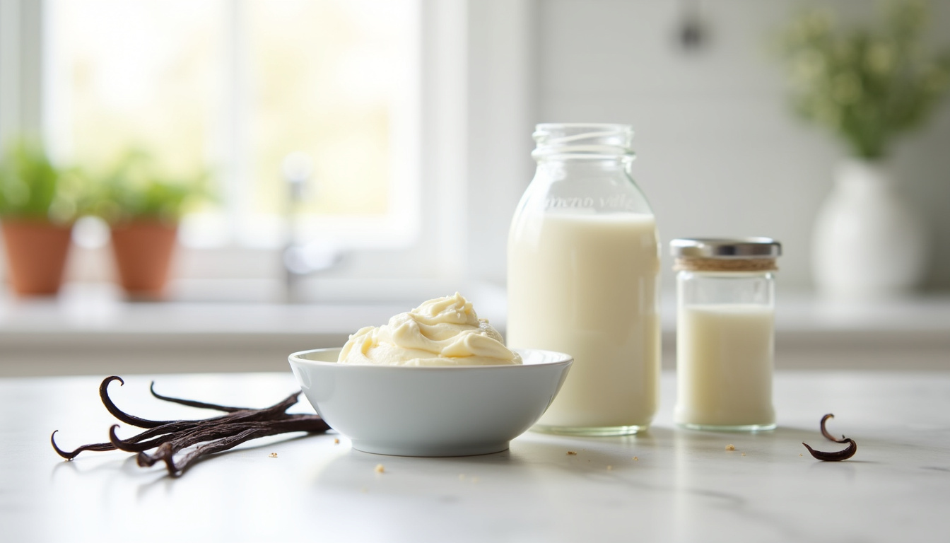 Préparation des ingrédients pour un McFlurry maison: crème liquide, mascarpone, lait concentré et vanille