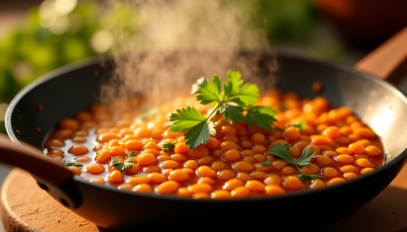 Préparation du dahl khi chadi dans un wok avec lentilles, épices et herbes fraîches