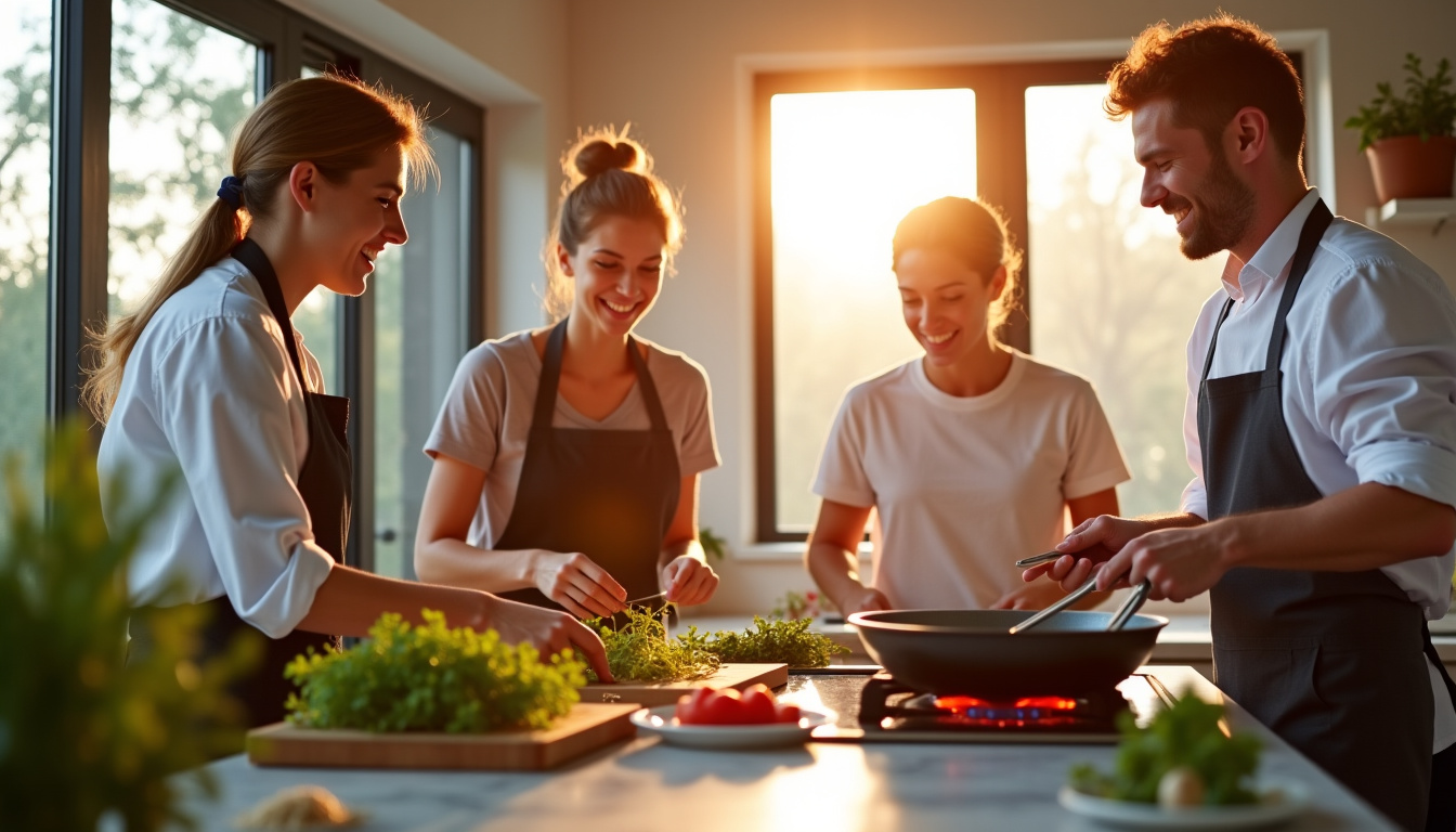 Préparation du dîner par les invités dans la cuisine de Cyril Lignac