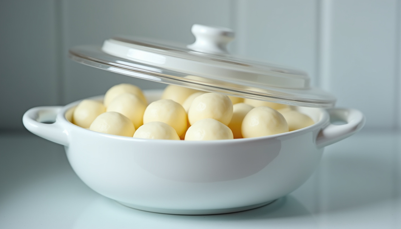 Quenelles nature conservées dans un plat hermétique au réfrigérateur