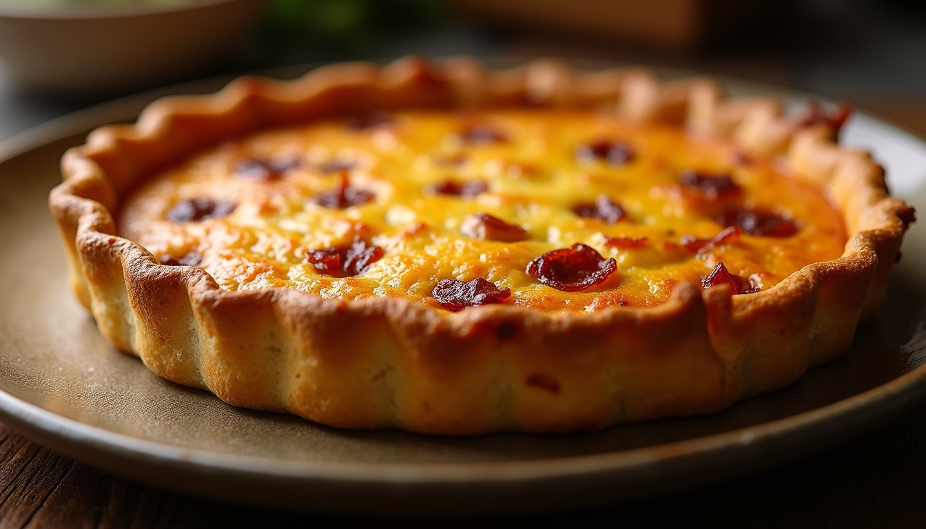 Quiche lorraine maison bien dorée, sortie du four, avec lardons visibles et pâte brisée croustillante