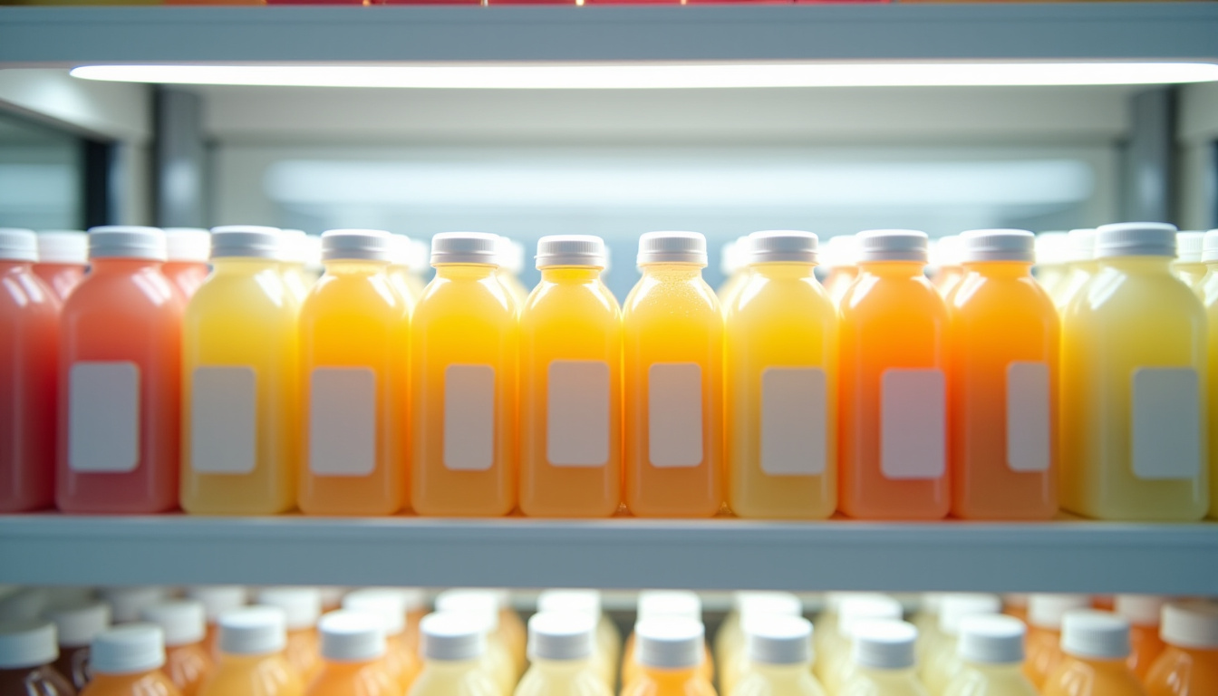 Rayon des jus de fruits pressés en supermarché avec des produits sans marque visibles