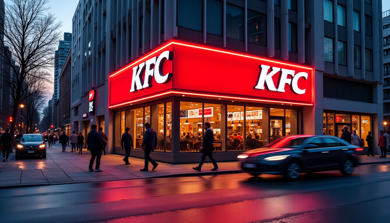 Restaurant KFC en centre-ville avec enseigne lumineuse, accessible à pied et en voiture