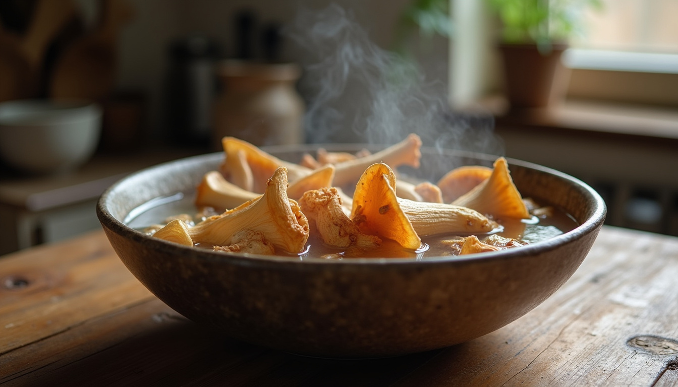 Trompettes des morts séchées en train de réhydrater dans un bol d’eau tiède