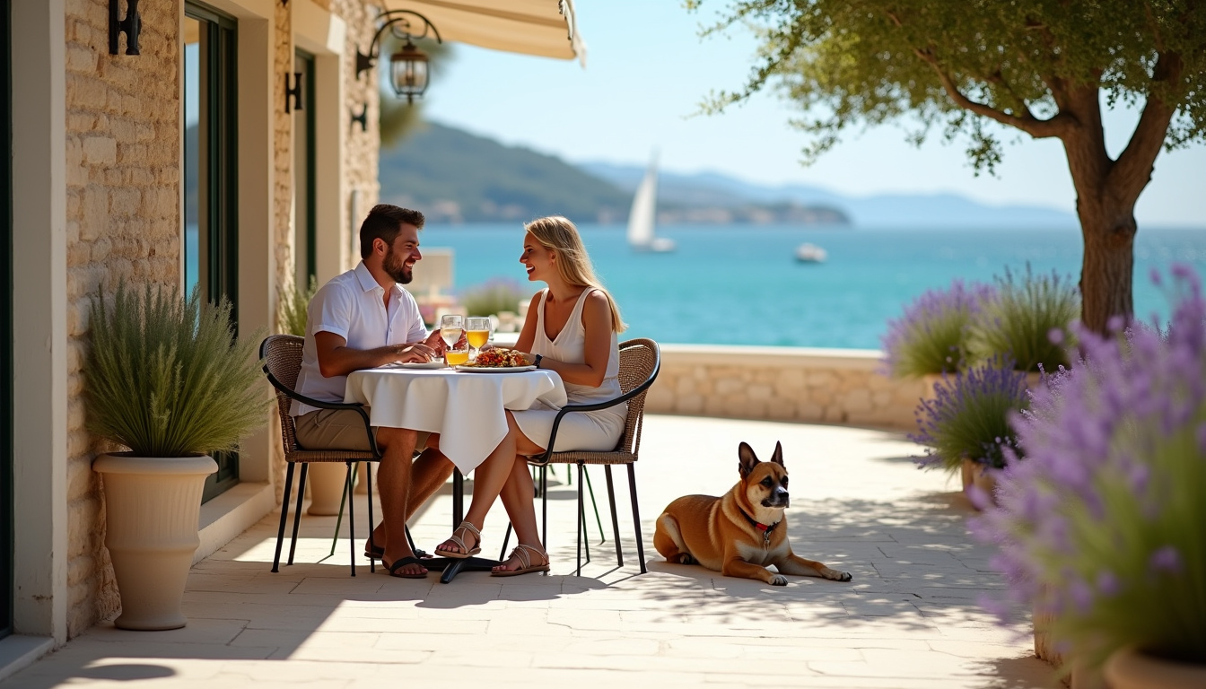 Un couple déjeune en terrasse à Hyères avec leur chien en laisse à leurs pieds