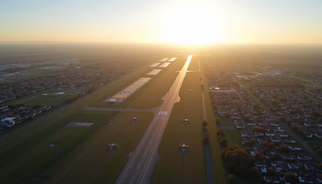 Vue aérienne de l’aéroport de Valenciennes - Charles-Nungesser avec avions sur la piste, montrant son intégration dans le paysage urbain du Valenciennois