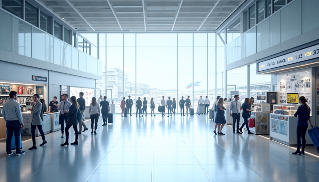 Vue de l’intérieur de l’aérogare de Valenciennes avec passagers et personnel, montrant l’activité du centre de formation et du commerce local