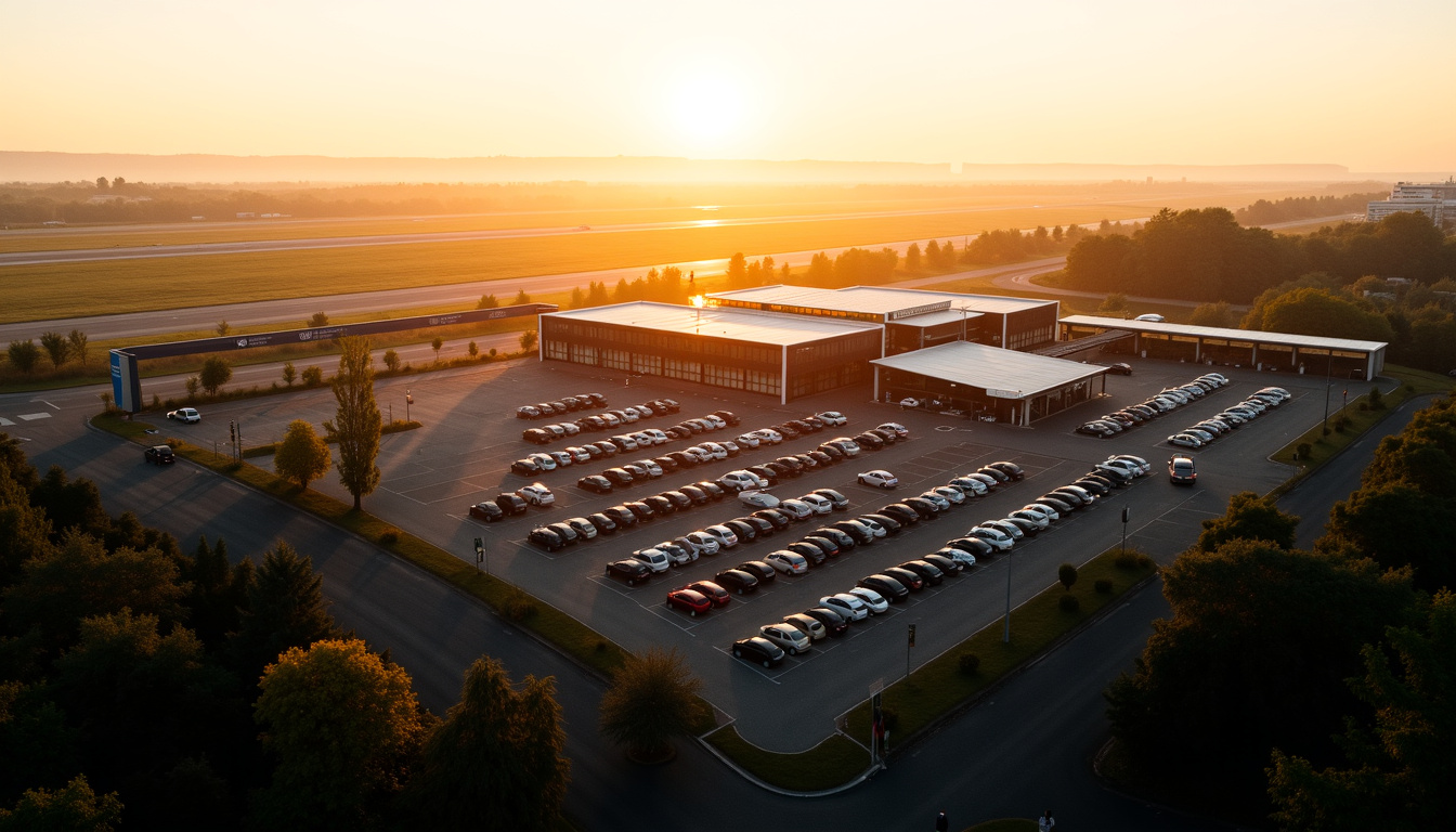 Vue des installations de l’aéroport de Valenciennes - Charles-Nungesser, montrant le parking, le restaurant La Balancelle et l’accès à l’hôtel Novotel