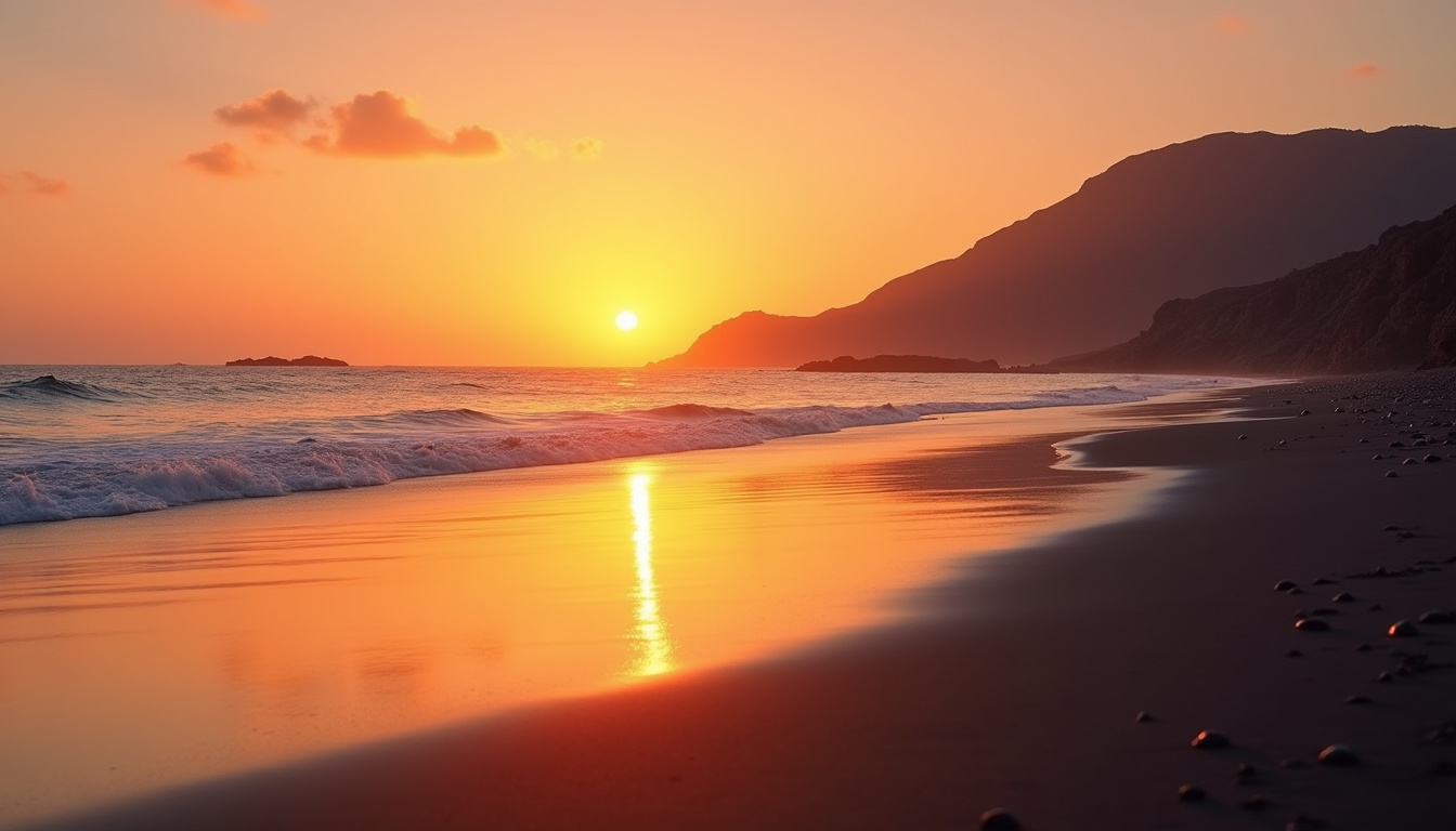 Coucher de soleil sur une plage de Lanzarote avec ciel orangé