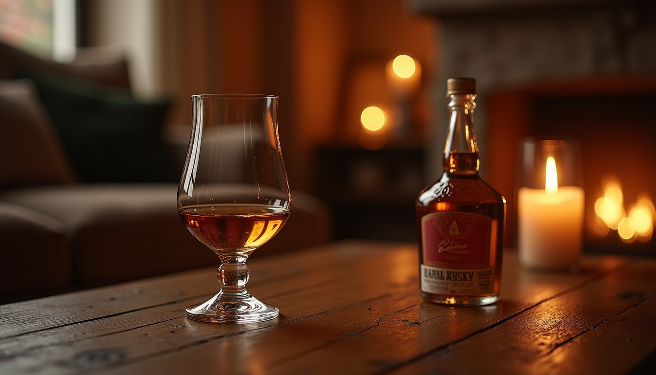 Dégustation de whisky en soirée, verre tulipe et flacon miniature sur table