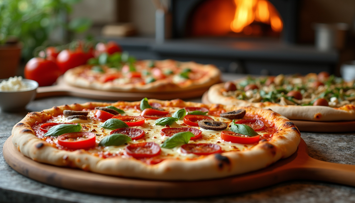 Différentes pizzas maison avec variété de garnitures sans olives