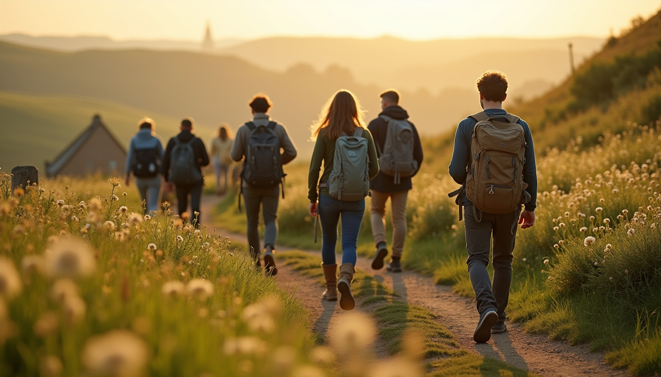 Groupe de marcheurs accompagnés sur le chemin de Saint-Jacques de Compostelle, dans un cadre rural