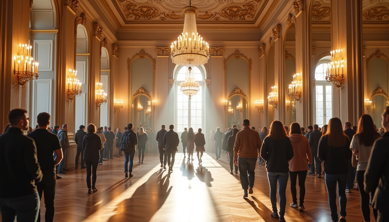 Intérieur du palais de l’Élysée pendant les Journées du patrimoine, visiteurs dans la salle des fêtes