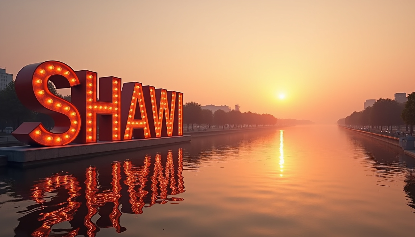 Lettres géantes À Shawi à Shawinigan vues au coucher du soleil avec reflet dans l