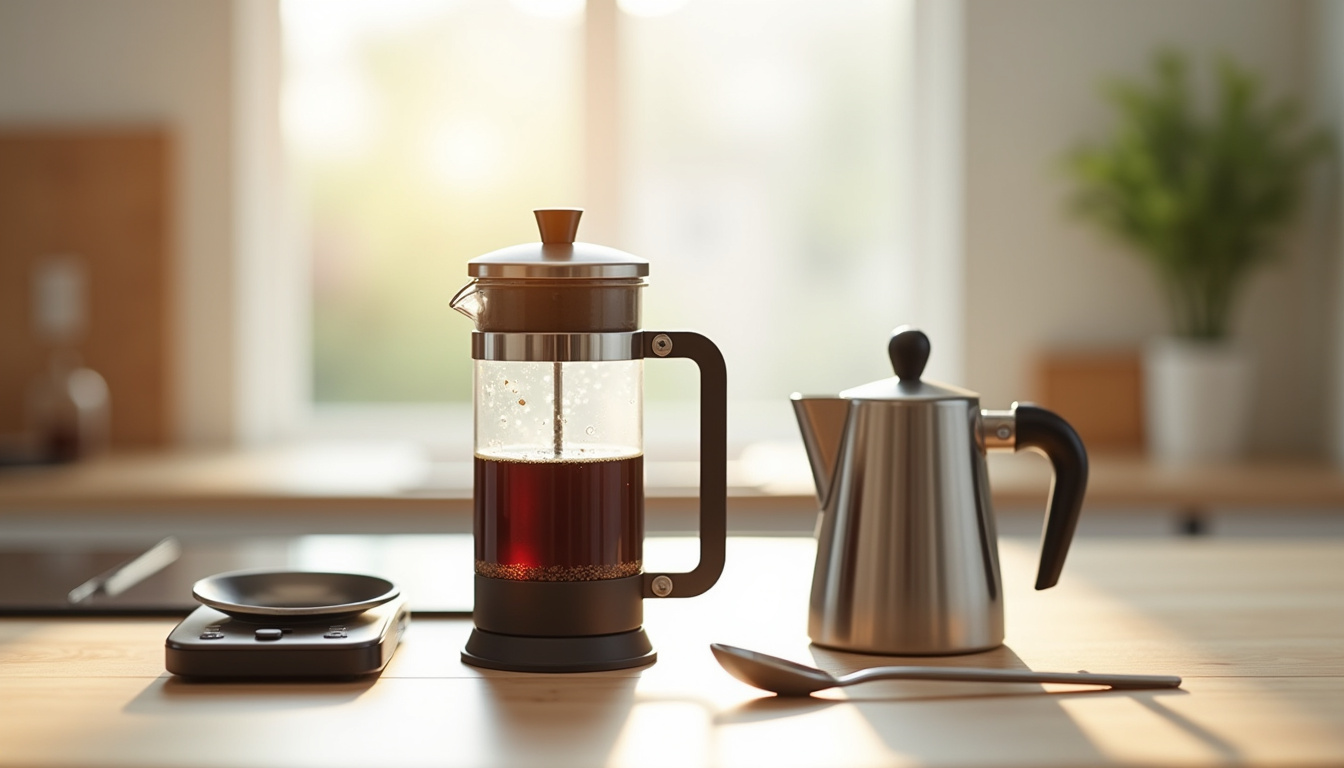 Mise en scène des équipements essentiels pour préparer un café à la French Press: cafetière, moulin, balance, bouilloire et cuillère