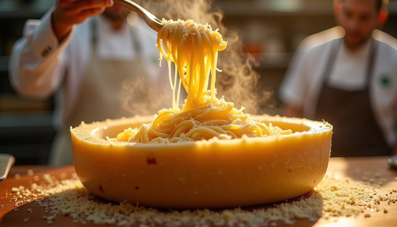 Préparation des pâtes dans une meule de parmesan au restaurant Gruppomimo Paris 11