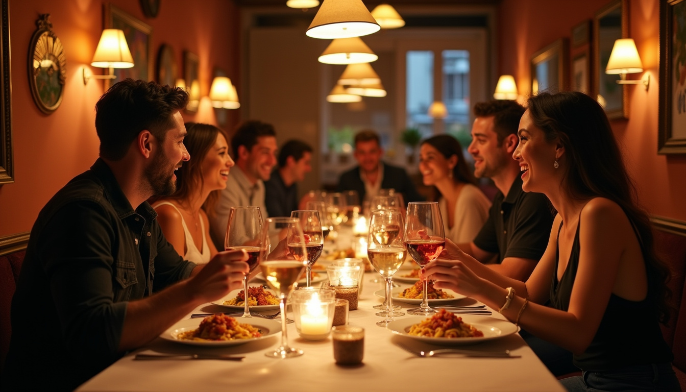 Soirée animée au restaurant Gruppomimo avec clients en train de dîner et d